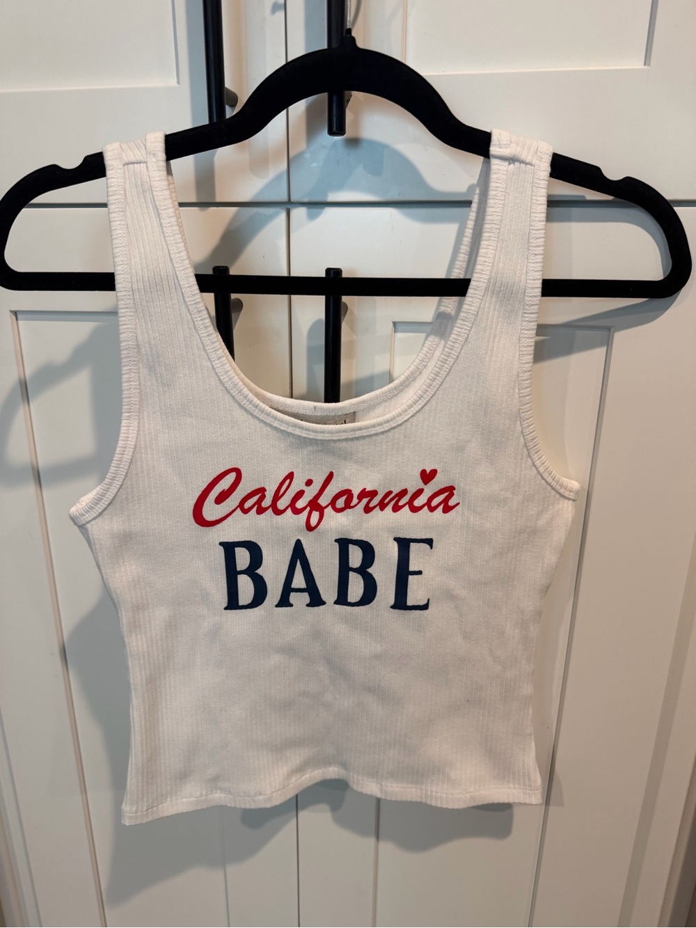 Madden Girl White Ribbed "California Babe" Tank with Red & Navy Script